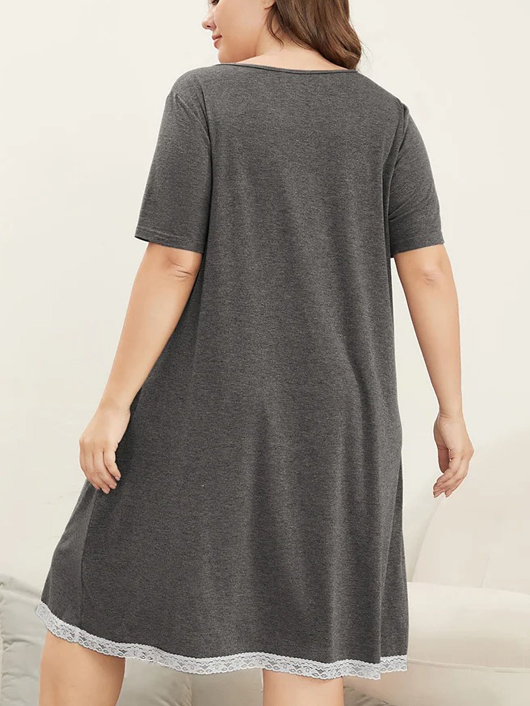  Lace Trim V Neck Short Sleeve Dress