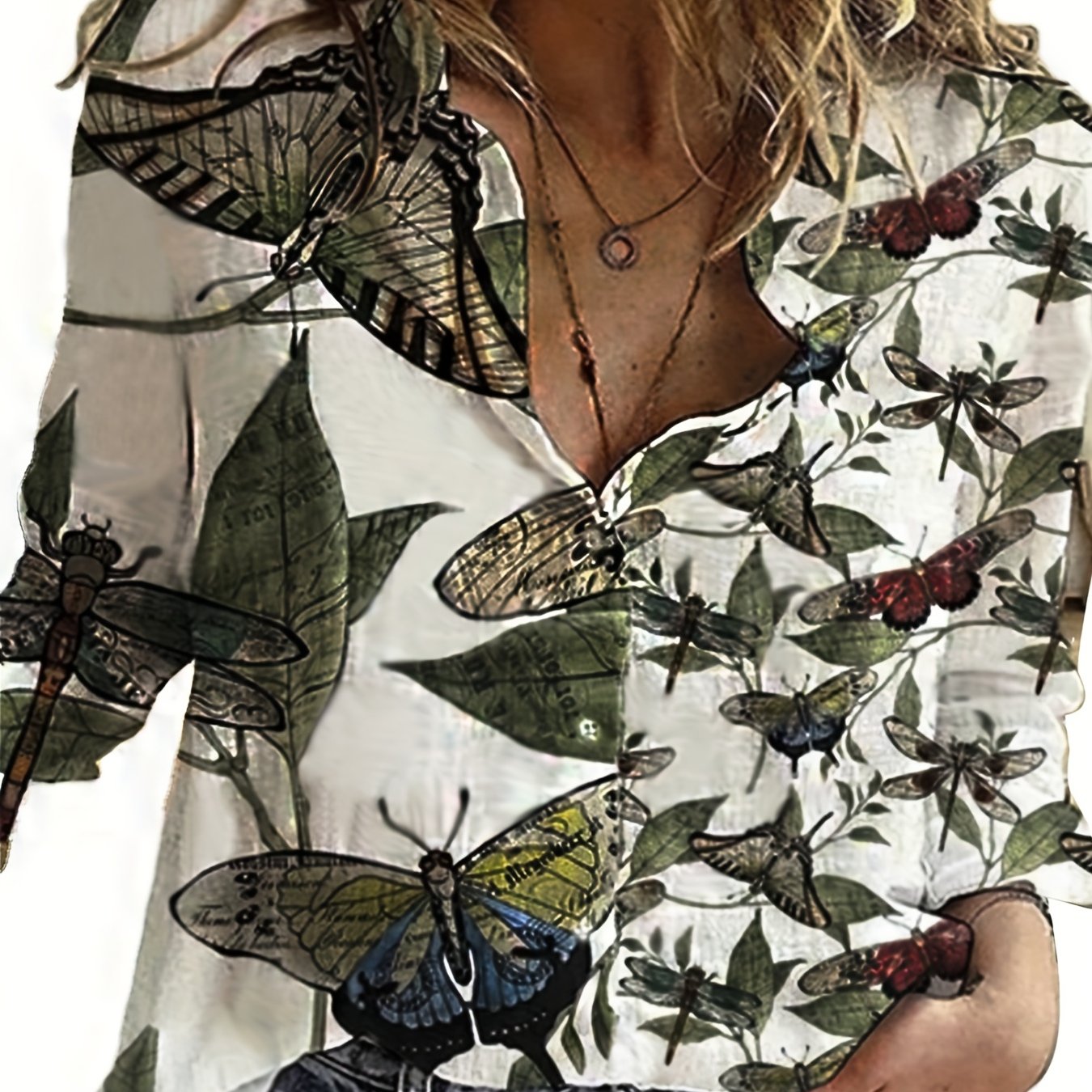  Butterfly Print Long Sleeve Button Up Shirt