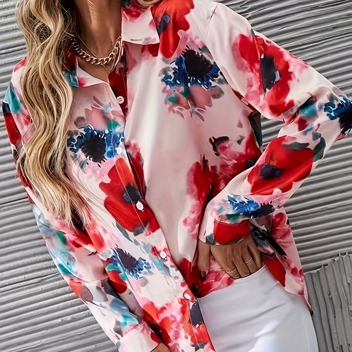  Floral Print Button Up Long Sleeve Blouse