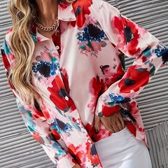  Floral Print Button Up Long Sleeve Blouse