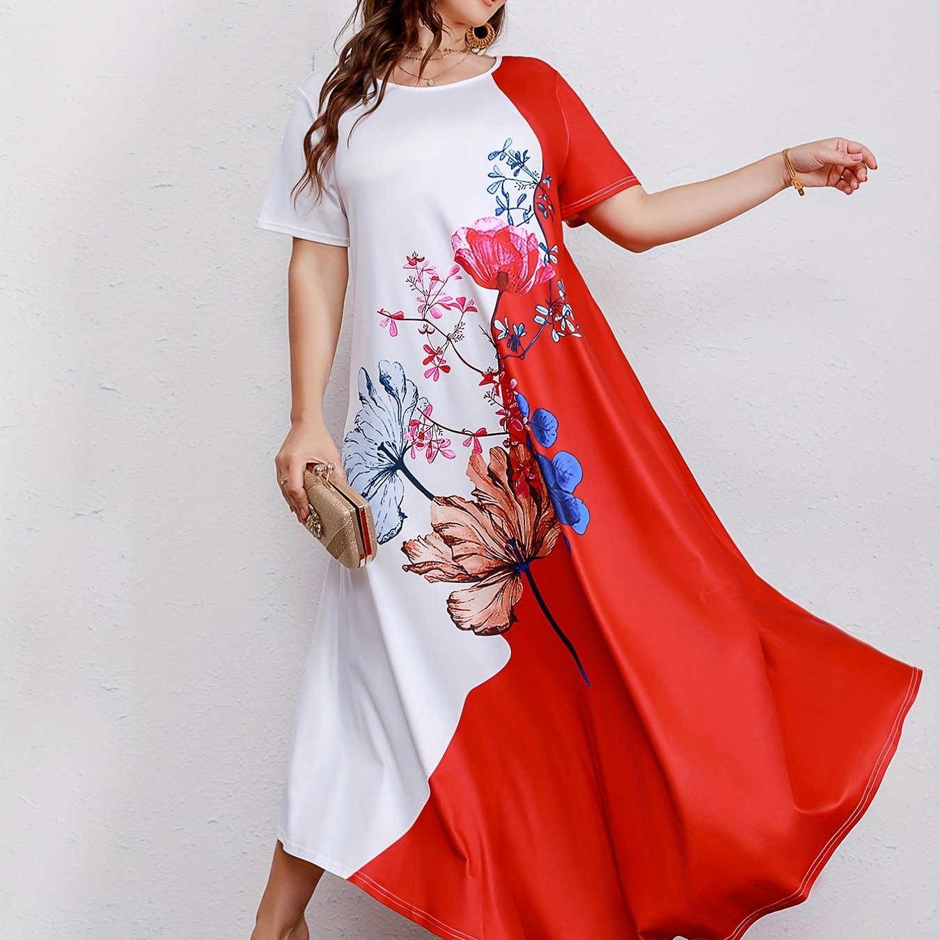  Colorblock Floral Print Maxi Dress