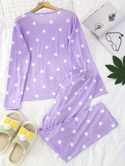 Polka Dots Pajama Set Long Sleeve Round Neck Top And Pants