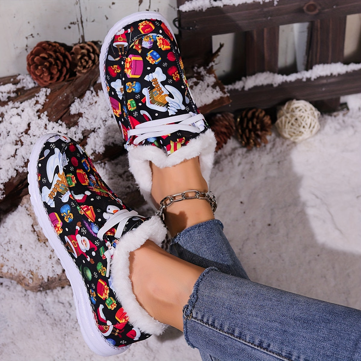 Women's Christmas Snow Boots Santa Snowflakes Cartoon Winter Plush Warm Flat
