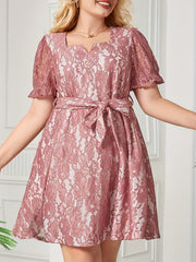  Solid Lace Puff Sleeve Mini Dress With Belt