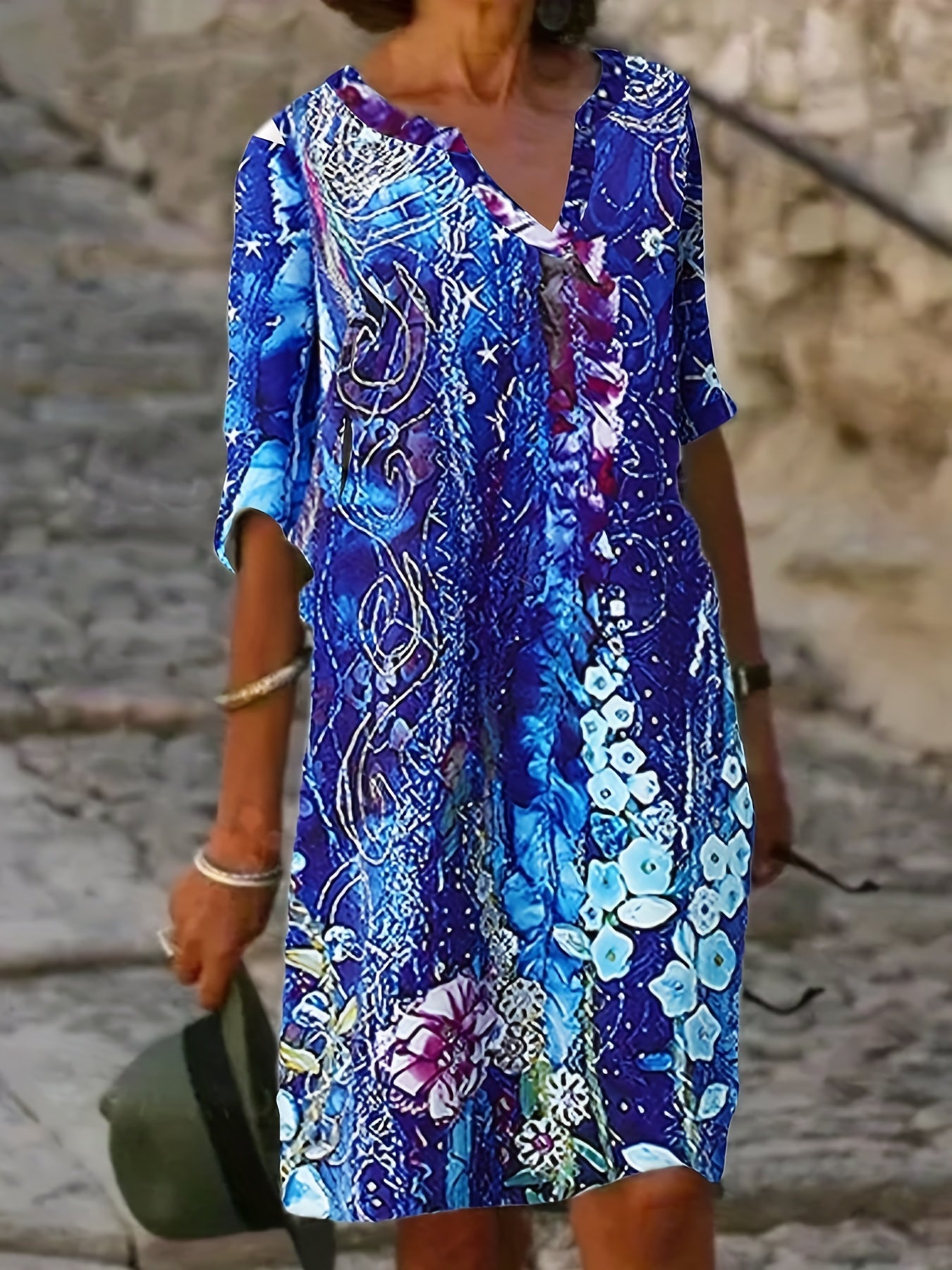  Women's Painting Print Roll Up Sleeve Knee Length Dress