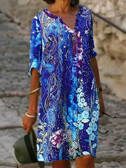  Women's Painting Print Roll Up Sleeve Knee Length Dress