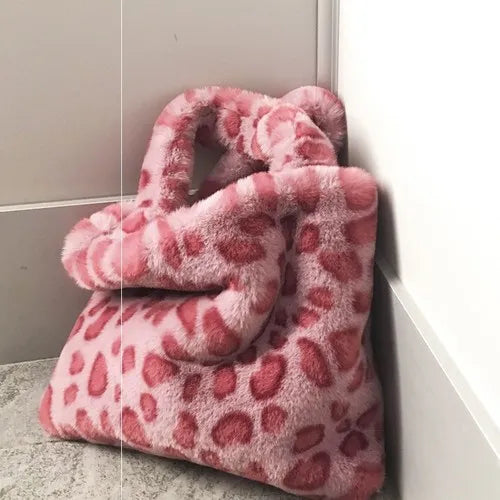 Leopard Plush Handbag Soft Warm Fur Bag Crossbody Messenger Bag