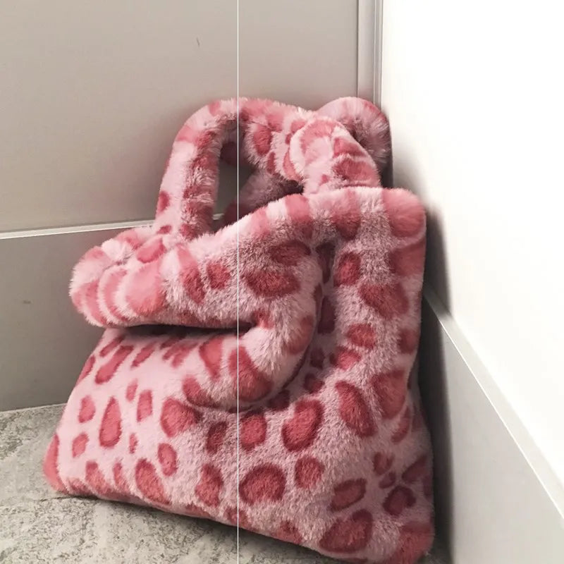 Leopard Plush Handbag Soft Warm Fur Bag Crossbody Messenger Bag