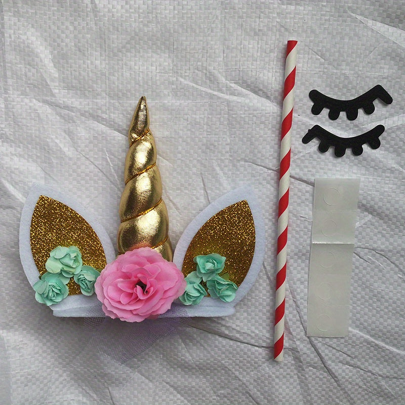 Unicorn Cake Topper Eyelashes Golden Horn for Party Baby Shower Wedding