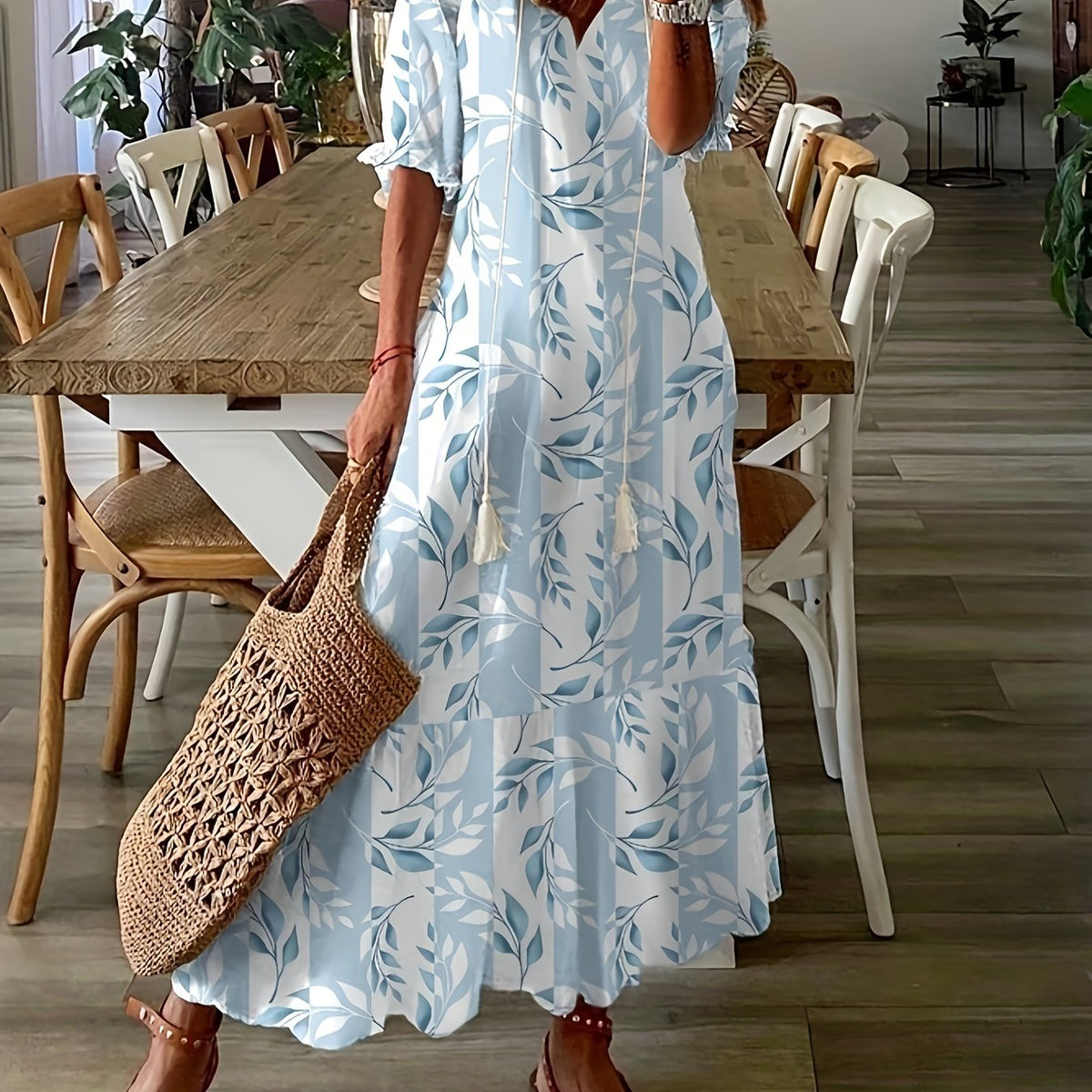  Boho Dress Women's Plus Leaf & Stripe Print Maxi Smock Dress