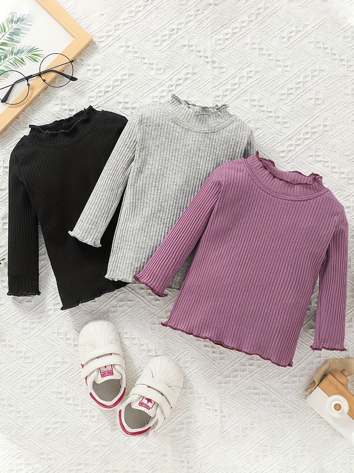 Baby Toddler Girls Long Sleeve Solid Wave Edge T Shirt Tops Blouse Sweater
