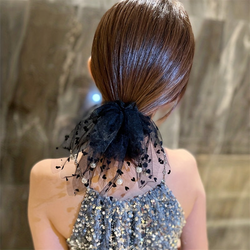 Heart Shape Pattern Hair Tie Small Faux Pearl Hair Tassel Mesh Large Scrunchie