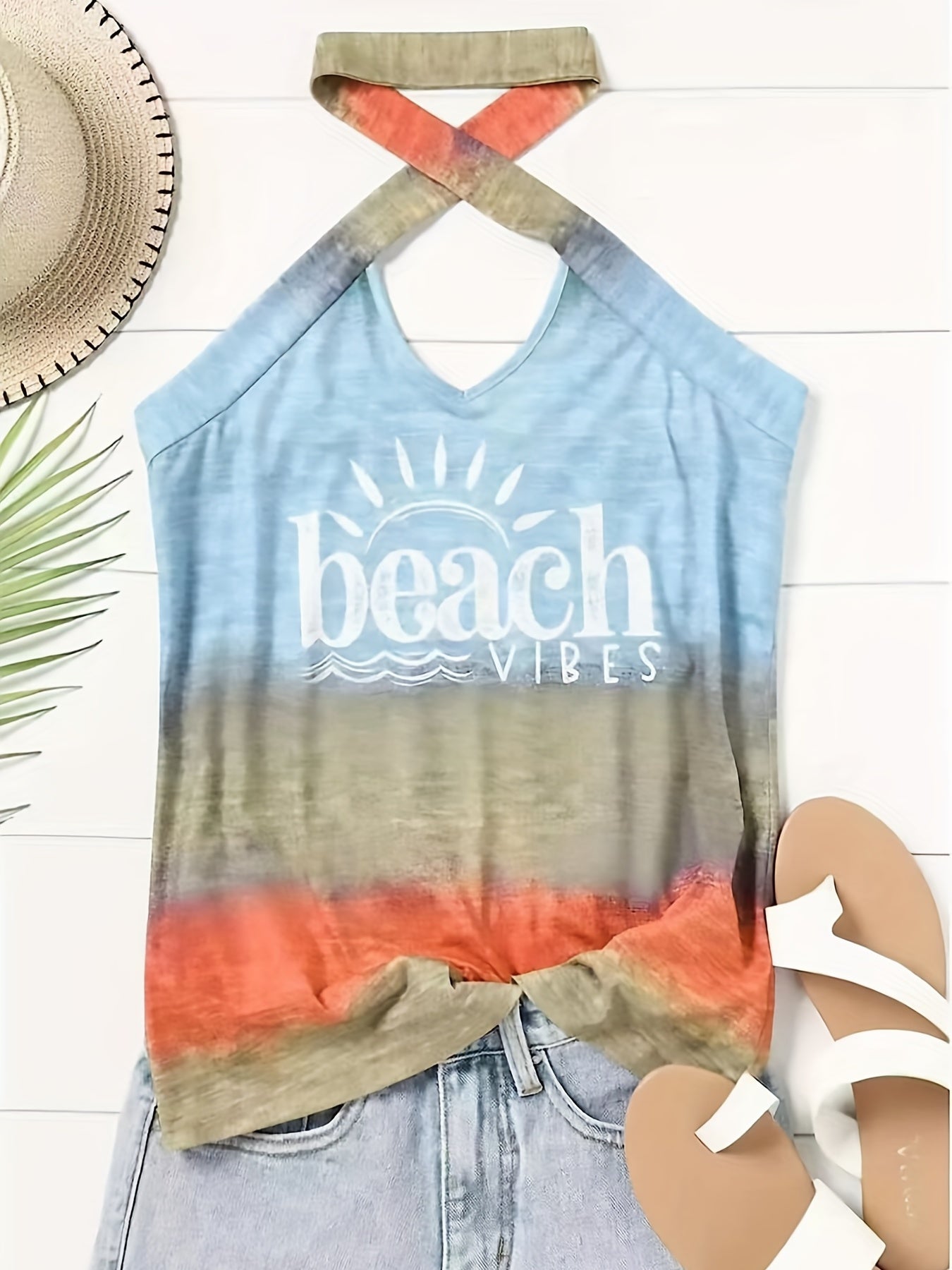 Ombre & Letter Print Halter Tank Top