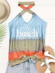  Ombre & Letter Print Halter Tank Top