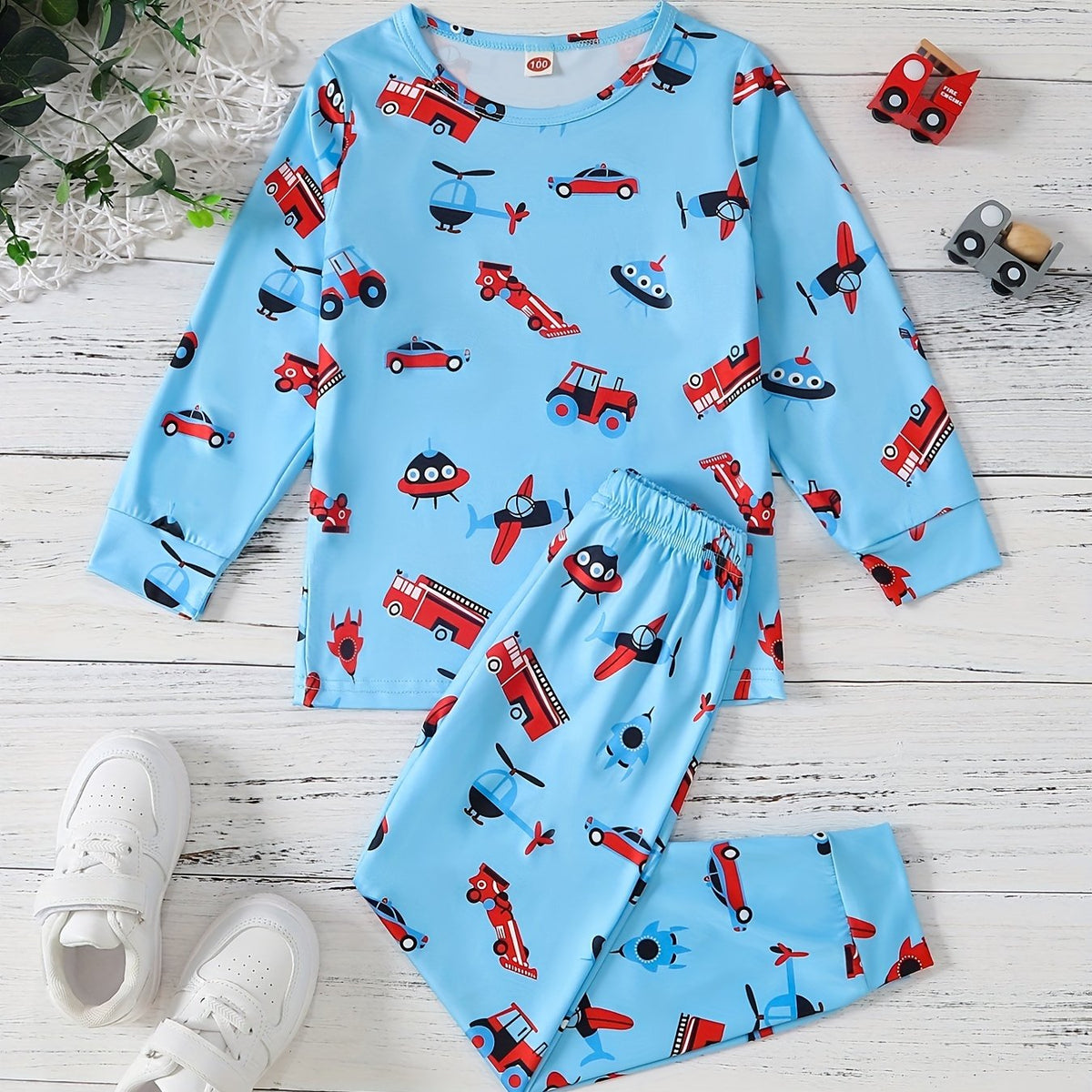 2pcs Vehicle Pattern Toddler Kid's Pajamas Set Boy's Loungewear