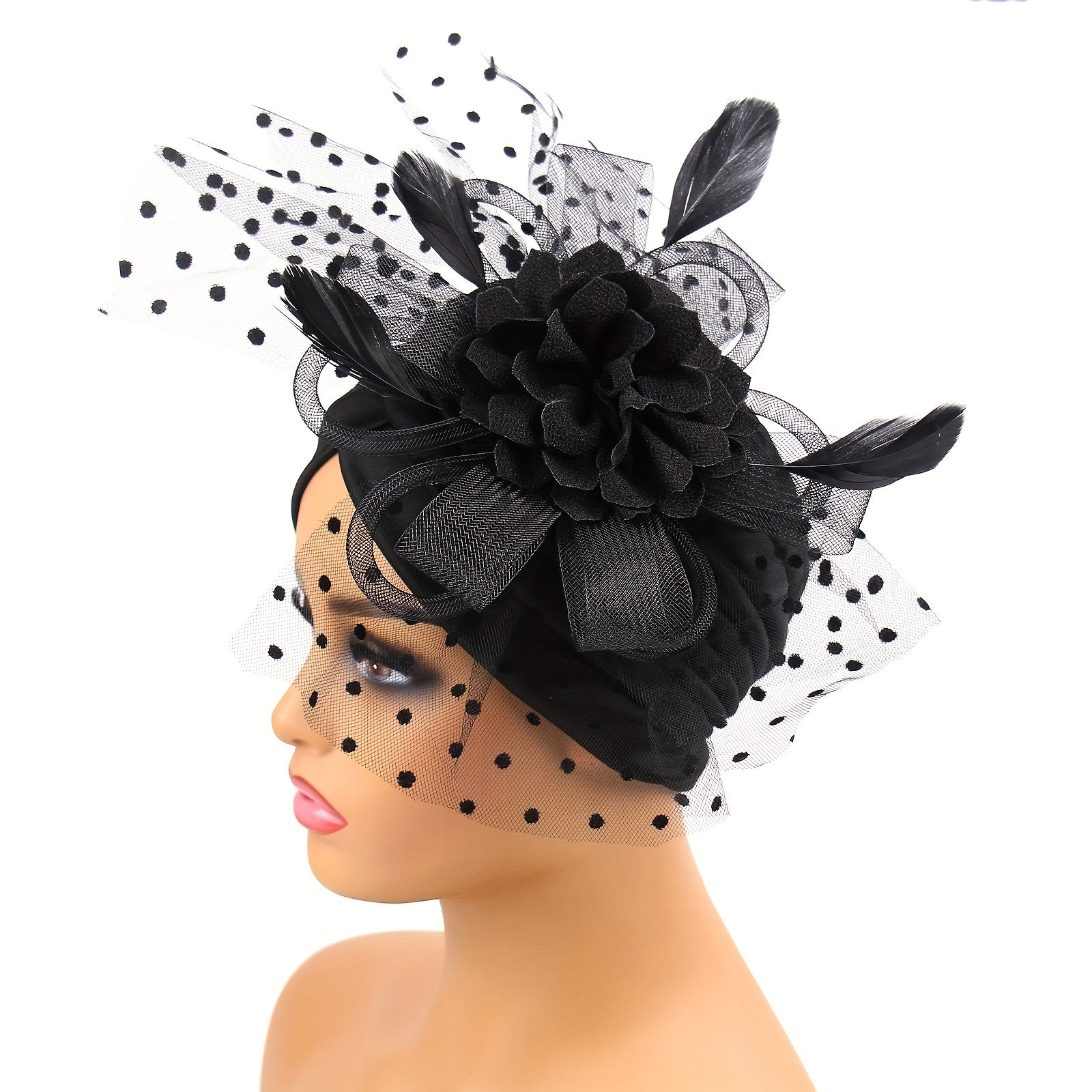 Feather Mesh Flower Turban Cap Head Wrap Elastic Beanie Women Ramadan Bonnet