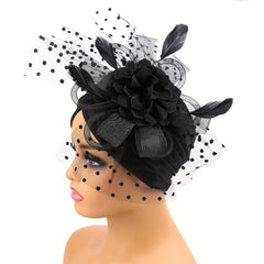 Feather Mesh Flower Turban Cap Head Wrap Elastic Beanie Women Ramadan Bonnet