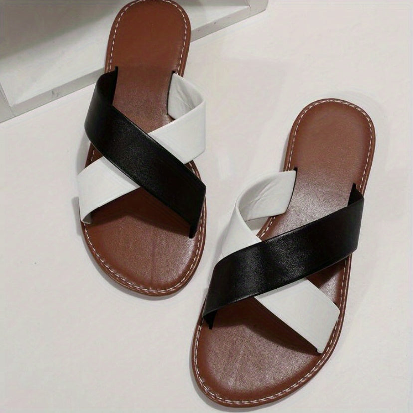Women's Cross Strap Flat Slippers Open Toe Non Slip Slides