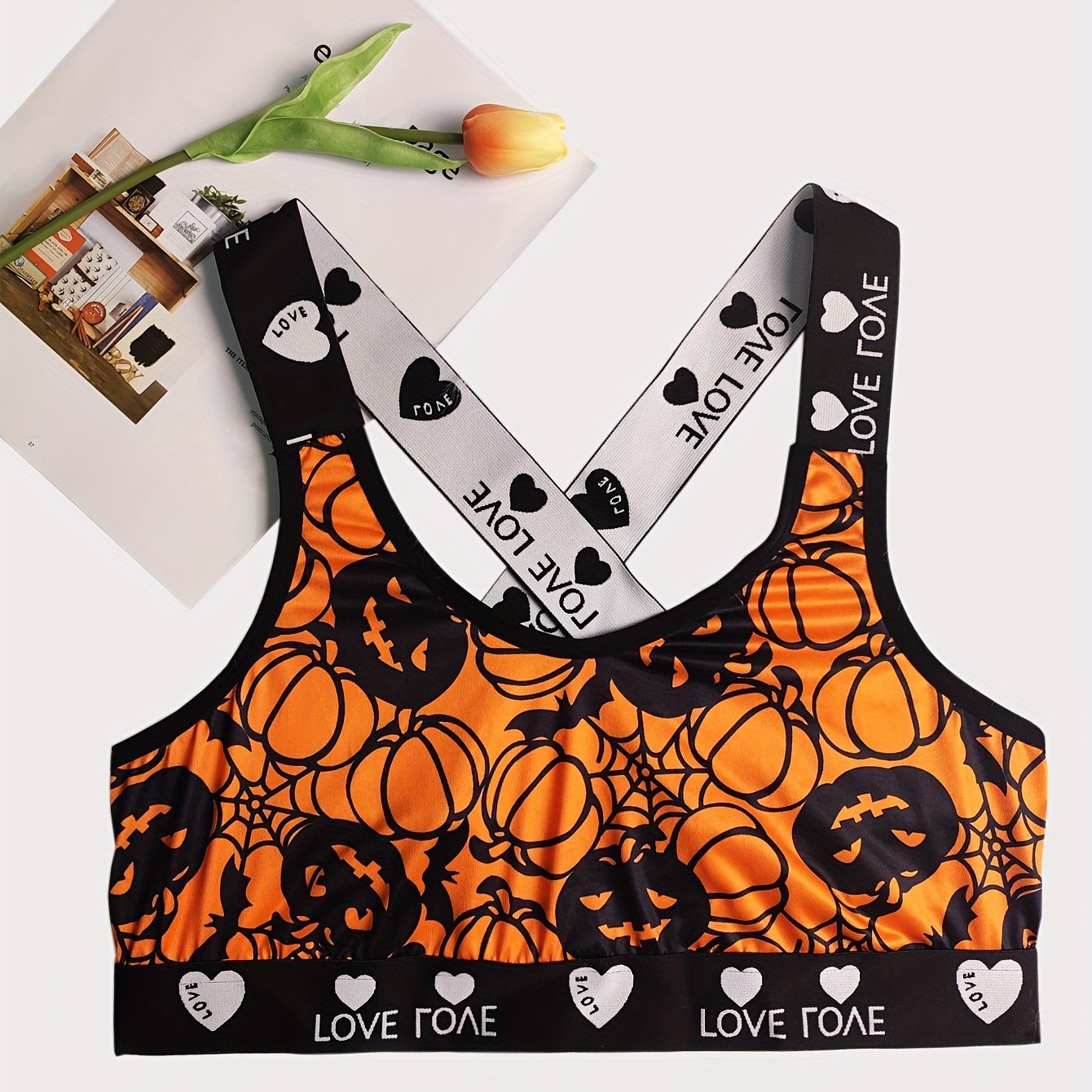  Gothic Bra Women's Pumpkin Print Crisscross Back Bra