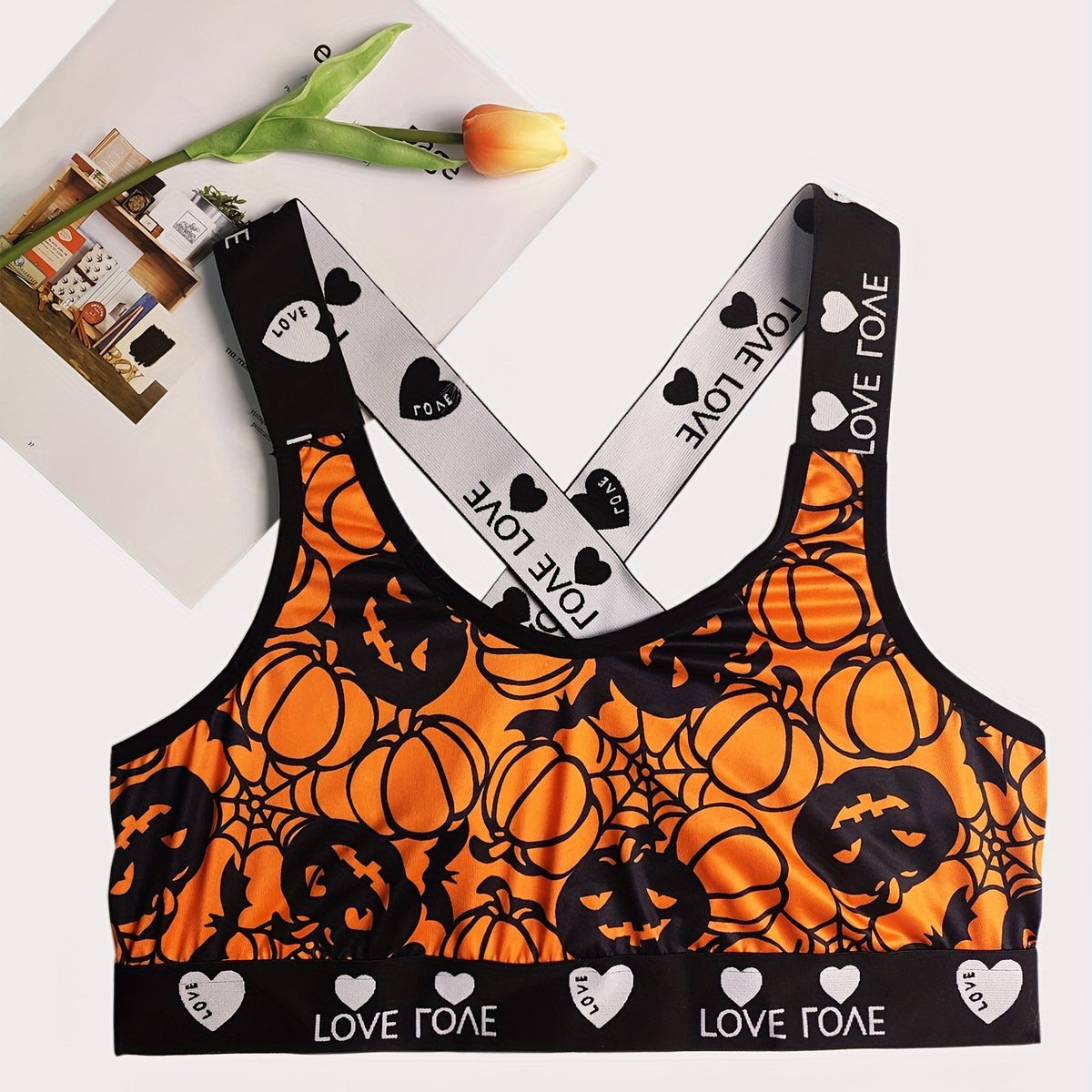  Gothic Bra Women's Pumpkin Print Crisscross Back Bra