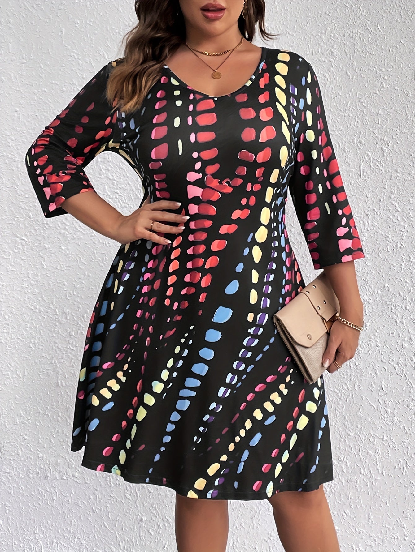  Tie Dye Three Quarter Sleeve V Neck Dress