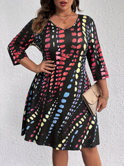  Tie Dye Three Quarter Sleeve V Neck Dress