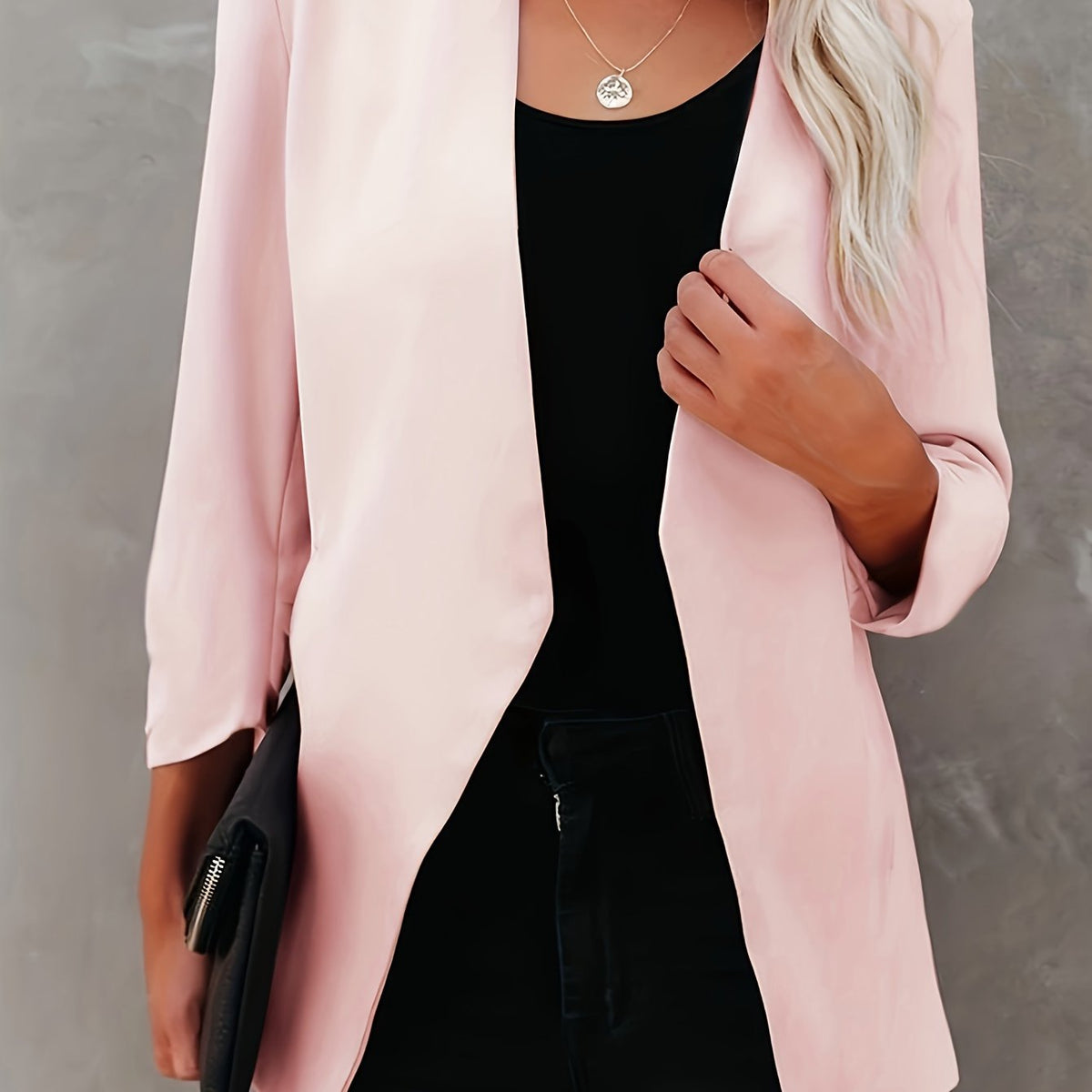  Solid Long Sleeve Open Front Workwear Blazer