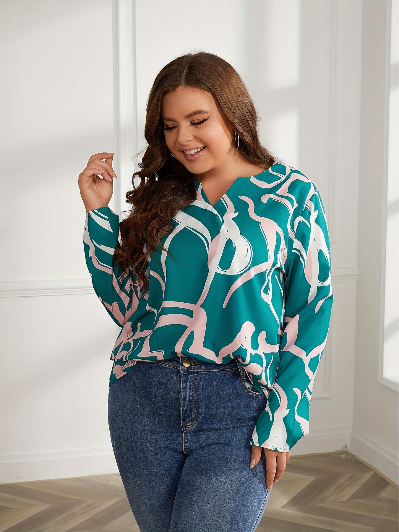  Blouse Women's Plus Print Long Sleeve Notched Neck Top