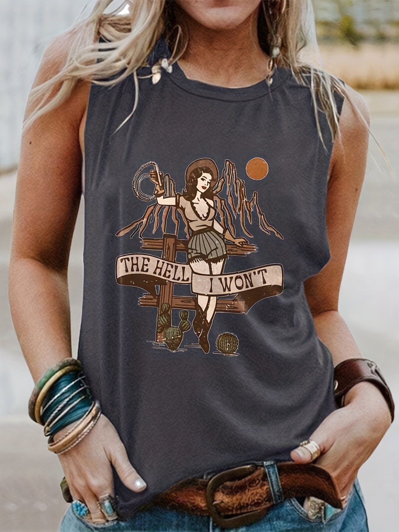  Cartoon Print Tank Top Crew Neck Medium Stretch