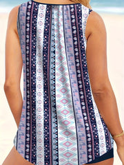  Geo Striped Tankini Set V Neck Ring Linked Top & Shorts Swimsuit