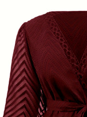  Chevron Print Mesh Lantern Sleeve Layered Dress With Belt