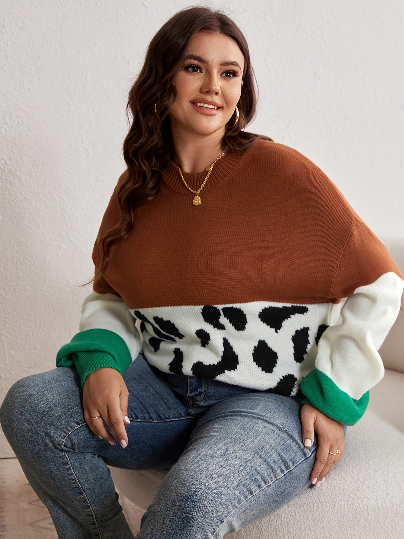  Colorblock Leopard Pattern Sweater