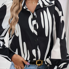  Graffiti Print Button Up Lantern Sleeve Blouse