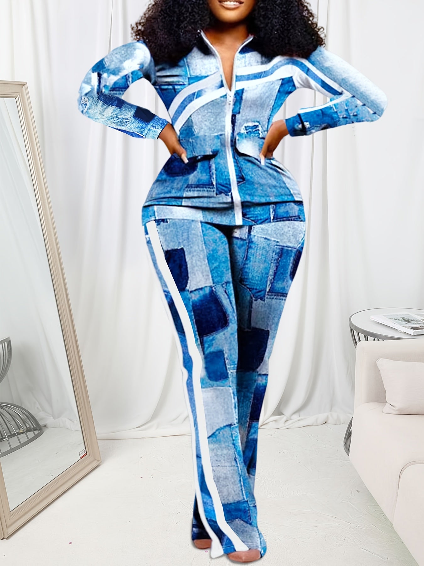 Women's Plus Denim Print Zip Up Top & Pants Set