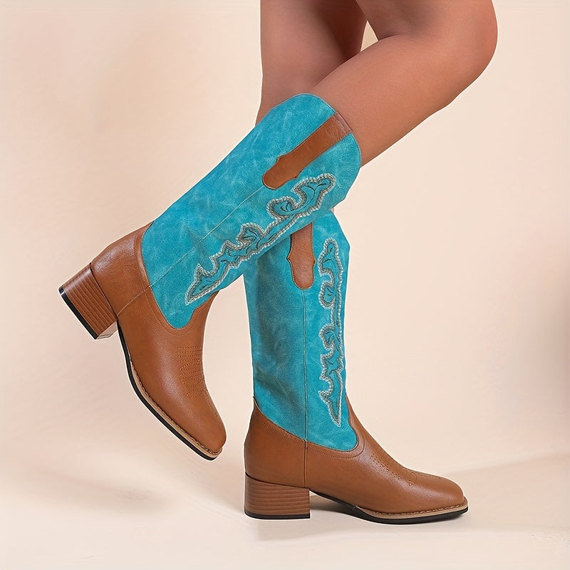 Women's Retro Western Boots Embroidered Square Toe Chunky Heel Cowgirl Mid Calf