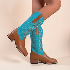 Women's Retro Western Boots Embroidered Square Toe Chunky Heel Cowgirl Mid Calf