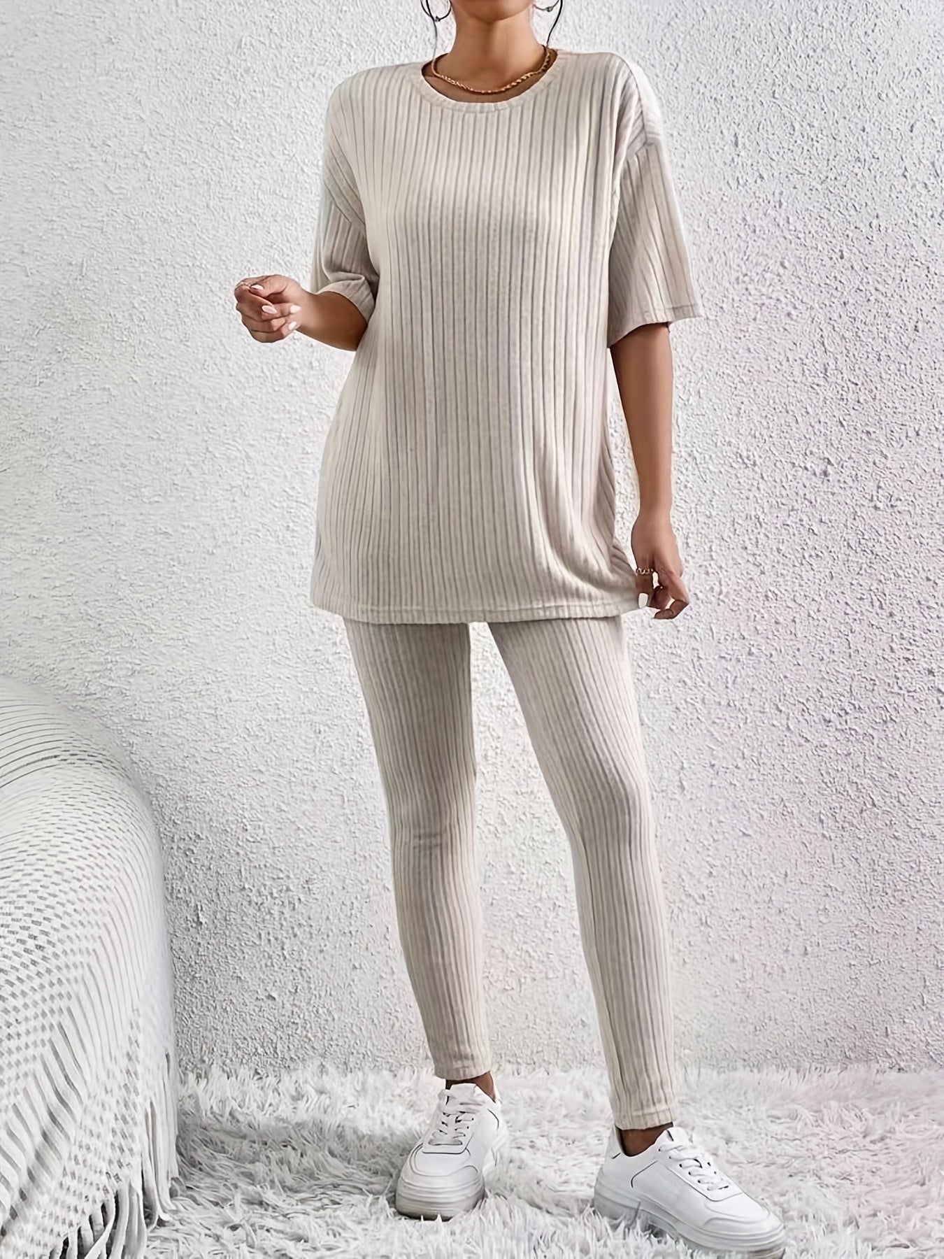 Casual Solid Two-piece Set Drop Shoulder T-shirt & Slim Pants