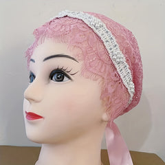 Faux Pearl Decor Turban Cap Lace Head Wrap Mesh Elastic Beanie