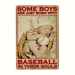 Baseball With Baby Boy Vintage Art Poster Metal Tin Sign
