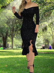  Rhinestone Off Shoulder Mermaid Dress
