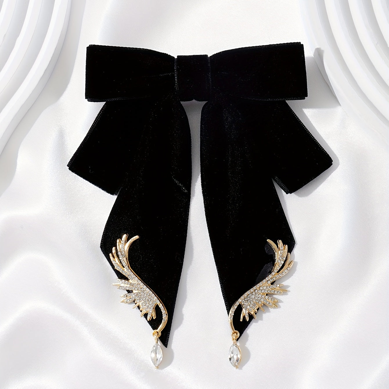 Velvet Bowknot Brooch Pin Rhinestone Wings Shirt Collar Pin