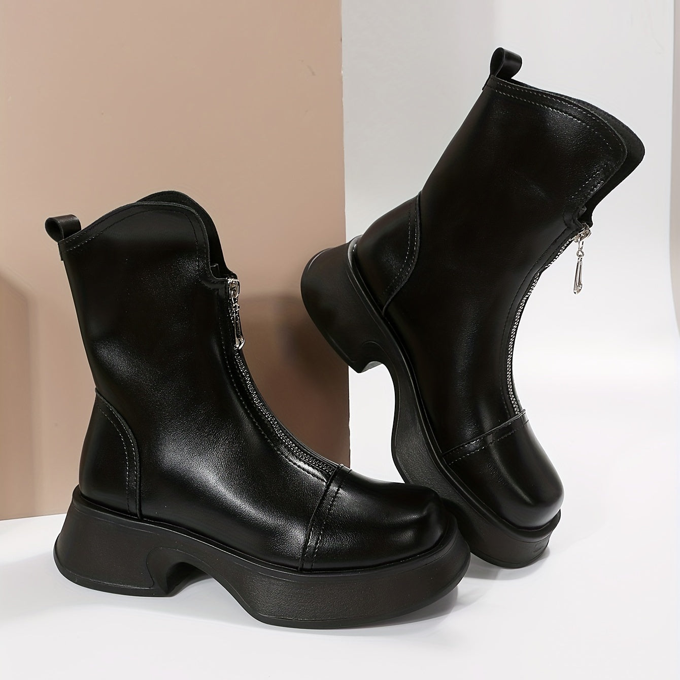 Square Toe Platform Ankle Boots Chunky Heeled Front Zip Combat Shoes