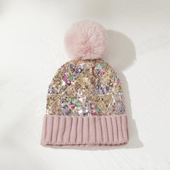 Sequin Pompom Beanie Warm Plush Knit Hat Soft & Comfortable Elastic Hats
