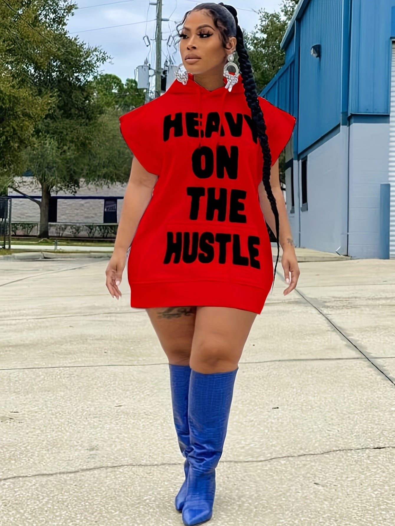  Slogan Print Drawstring Cap Sleeve Mini Hoodie Dress
