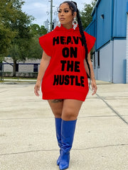  Slogan Print Drawstring Cap Sleeve Mini Hoodie Dress