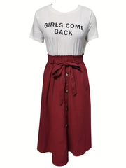 Letter Print T-shirt & Button Front Midi Skirt Set