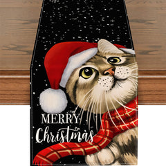 Linen Table Runner Christmas Cat Pattern Table Cover