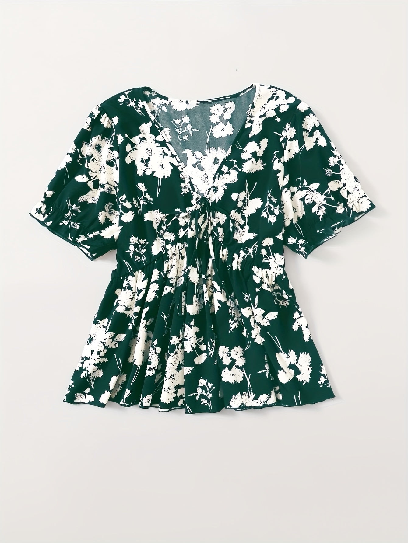  Floral Print Tie Front Short Sleeve V Neck Blouse