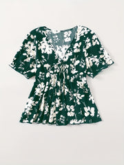  Floral Print Tie Front Short Sleeve V Neck Blouse