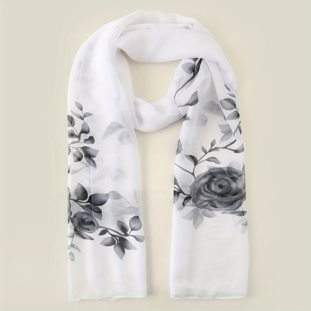 Rose Flower Print Chiffon Shawl Scarf for Beach Vacation